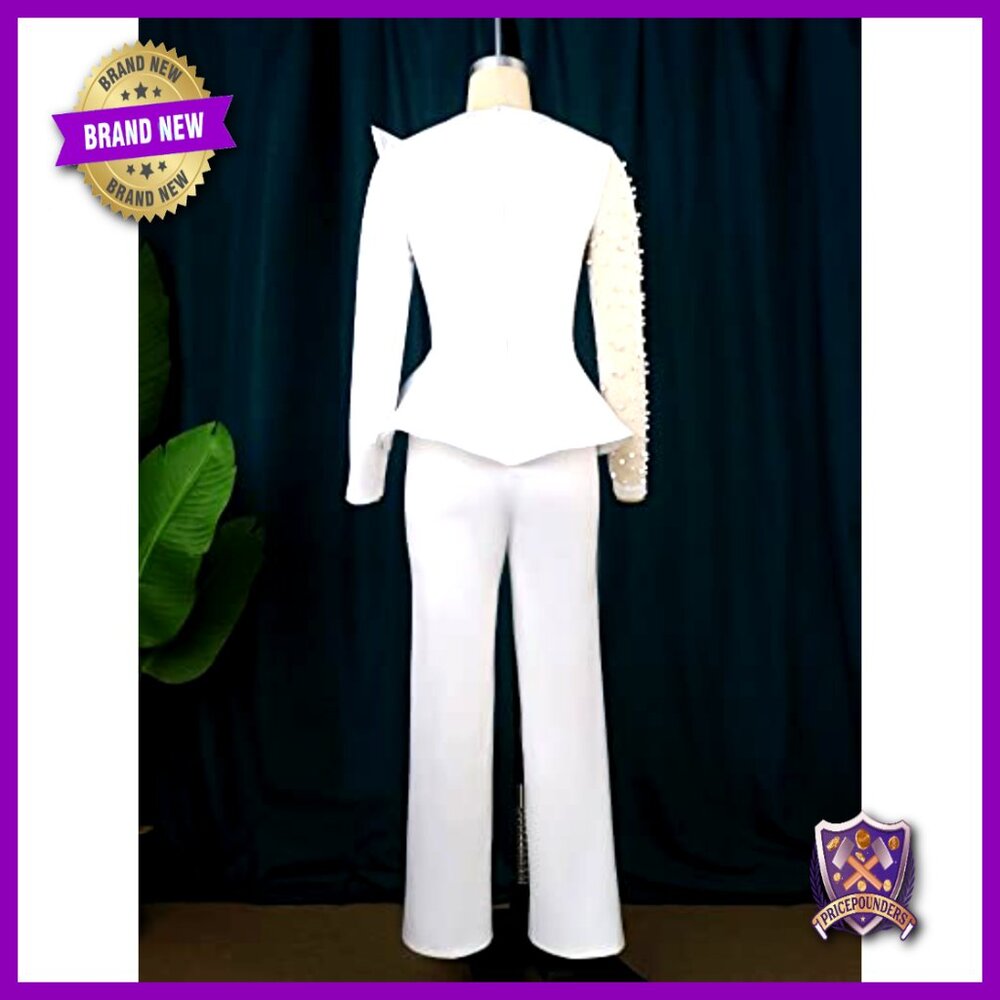 White Mesh Patchwork Bead Long Sleeve Peplum Jump… - image 4